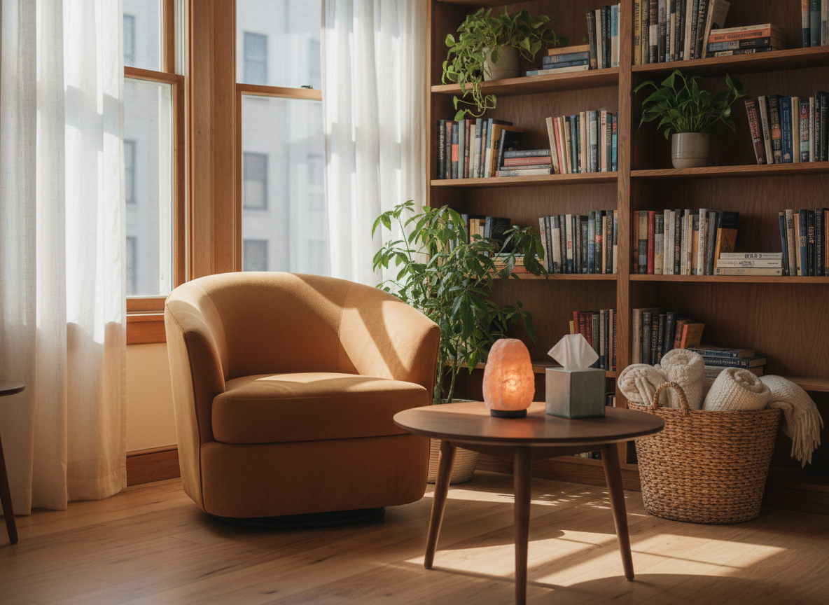 A cozy, sunlit therapy practice room designed for warmth and emotional safety, viewed in photographic realism. A plush, earth-toned armchair faces a low wooden table with a gently glowing salt lamp and a box of soft tissues. Shelves with carefully arranged books, plants, and a woven basket with blankets line the wall. Large windows with sheer curtains let in soft afternoon light, casting warm, diffuse shadows on the wooden floor. The mood is calm, professional, and welcoming. Shot at eye level with a moderate depth of field so the seating area is in crisp focus while the background softly blurs, emphasizing a sense of intimate, warm guidance without showing any people.